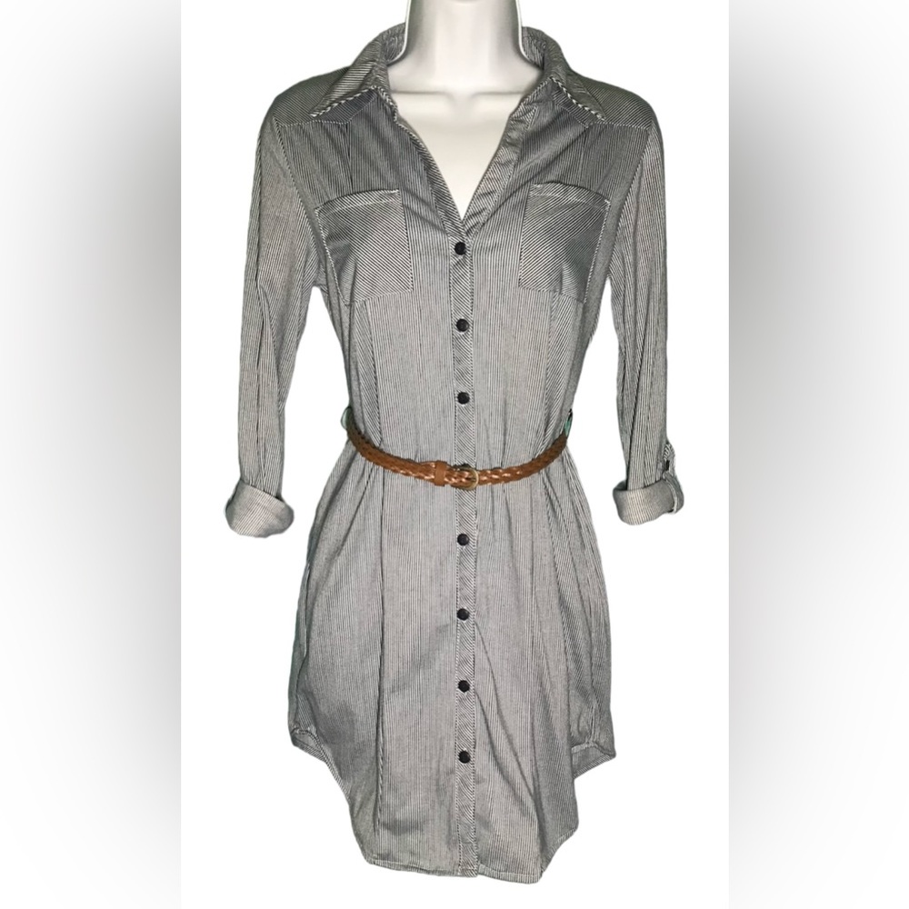 Passport Navy Blue White Pinstripe Button Up Collar Long Sleeve Dress Size Small